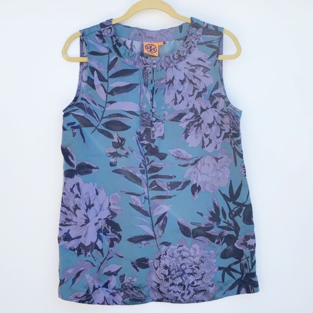 Tory Burch silk blend floral ruffle neck tank